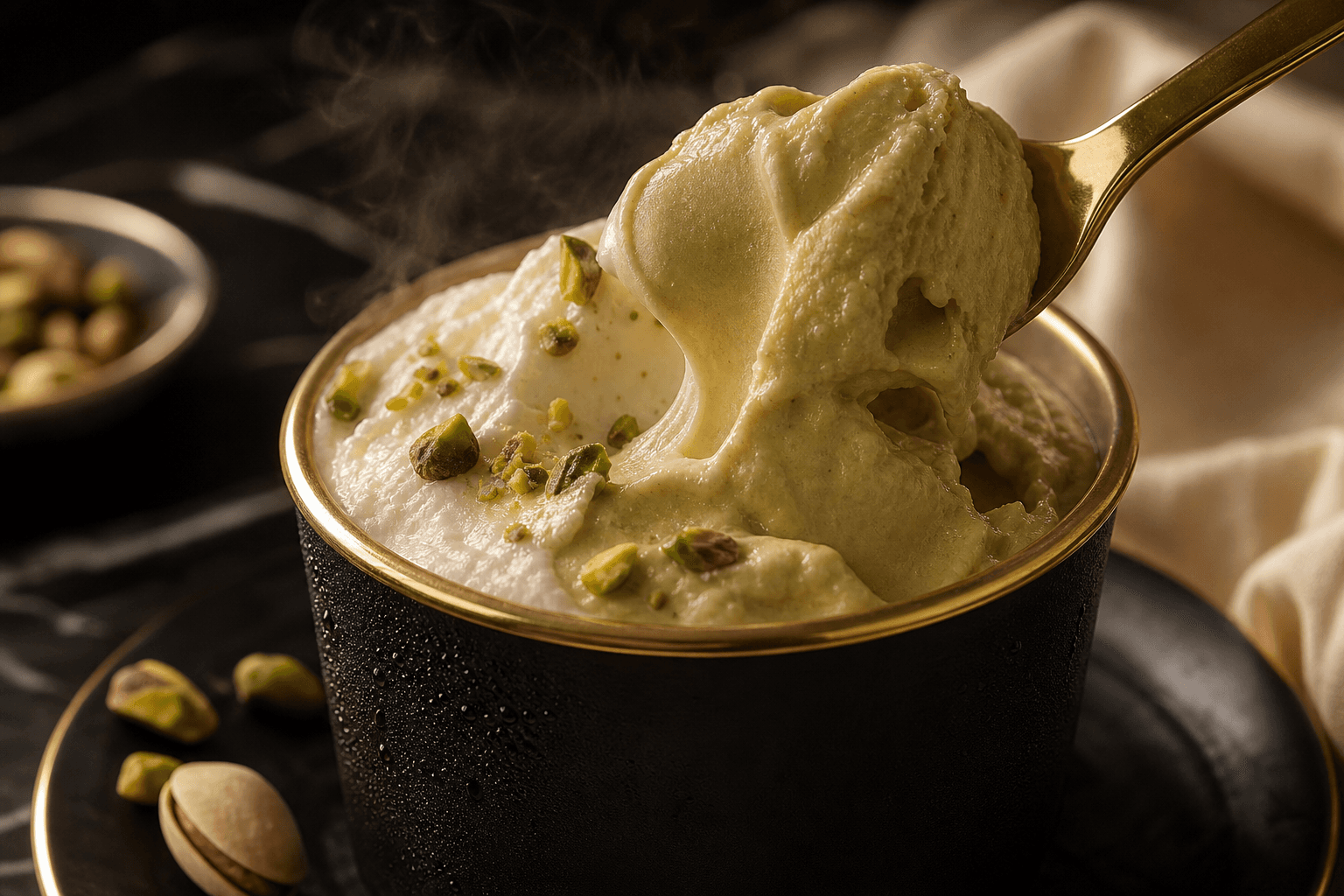 Gelato artesanal cremoso sendo puxado com colher